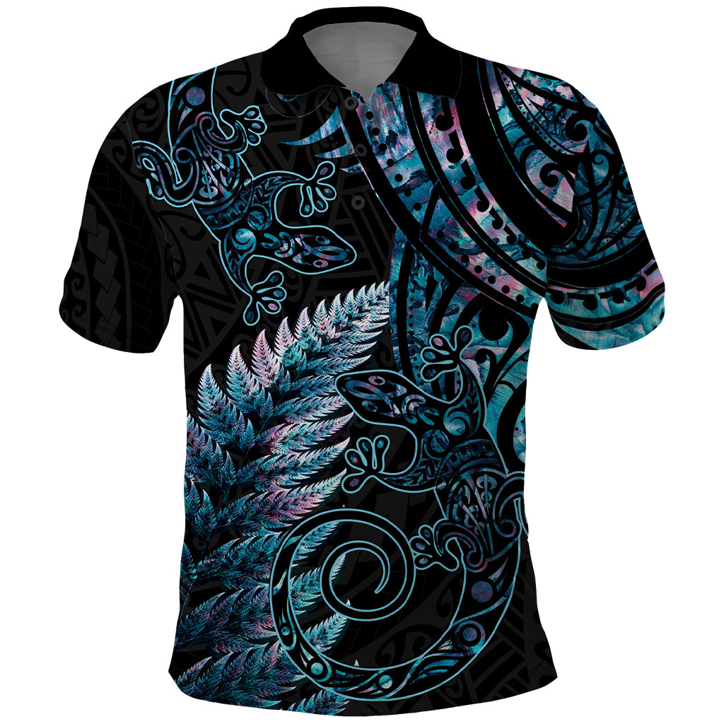 New Zealand Lizard Polo Shirt Silver Fern Aotearoa Maori With Paua Shell LT14 Turquoise - Polynesian Pride