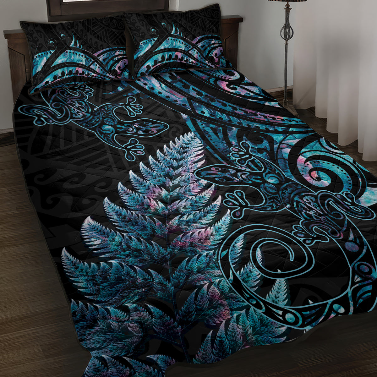 New Zealand Lizard Quilt Bed Set Silver Fern Aotearoa Maori With Paua Shell LT14 Turquoise - Polynesian Pride