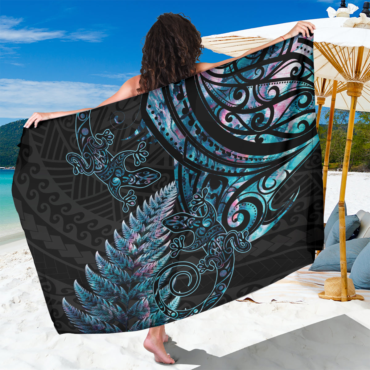 New Zealand Lizard Sarong Silver Fern Aotearoa Maori With Paua Shell LT14 One Size 44 x 66 inches Turquoise - Polynesian Pride