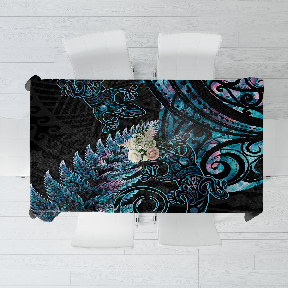 New Zealand Lizard Tablecloth Silver Fern Aotearoa Maori With Paua Shell LT14 Turquoise - Polynesian Pride