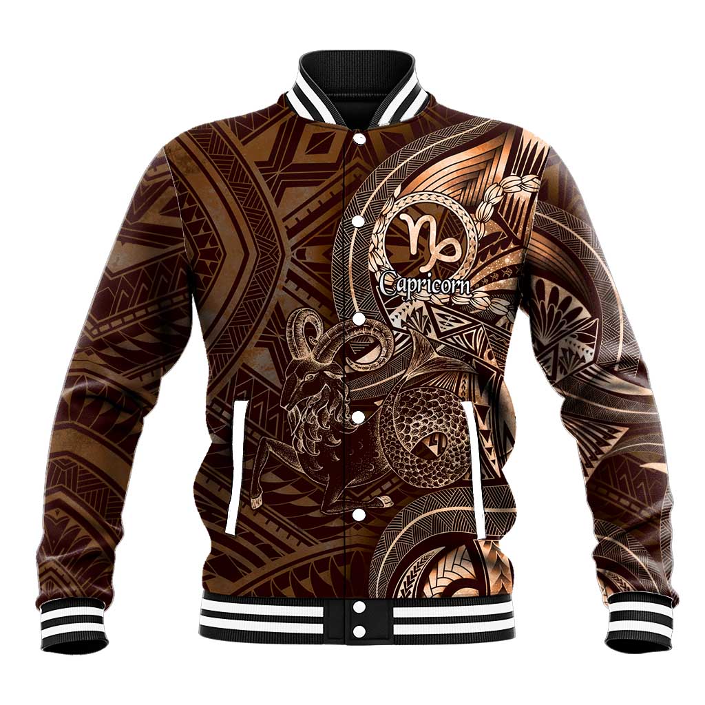 Personalised Polynesia Zodiac Capricorn Baseball Jacket Galaxy Polynesian Pattern Chest Tattoo Style LT14 Unisex Brown - Polynesian Pride