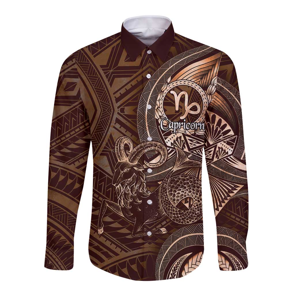 Personalised Polynesia Zodiac Capricorn Long Sleeve Button Shirt Galaxy Polynesian Pattern Chest Tattoo Style LT14 Unisex Brown - Polynesian Pride