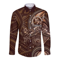 Personalised Polynesia Zodiac Capricorn Long Sleeve Button Shirt Galaxy Polynesian Pattern Chest Tattoo Style LT14 Unisex Brown - Polynesian Pride