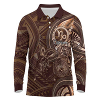 Personalised Polynesia Zodiac Capricorn Long Sleeve Polo Shirt Galaxy Polynesian Pattern Chest Tattoo Style LT14 Brown - Polynesian Pride