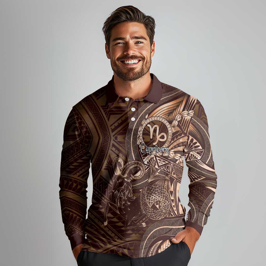 Personalised Polynesia Zodiac Capricorn Long Sleeve Polo Shirt Galaxy Polynesian Pattern Chest Tattoo Style LT14 - Polynesian Pride