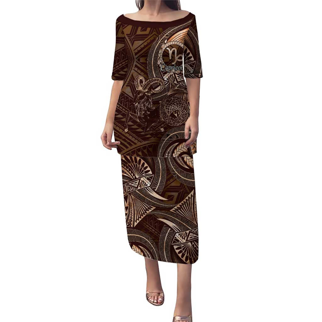Personalised Polynesia Zodiac Capricorn Puletasi Galaxy Polynesian Pattern Chest Tattoo Style LT14 Long Dress Brown - Polynesian Pride