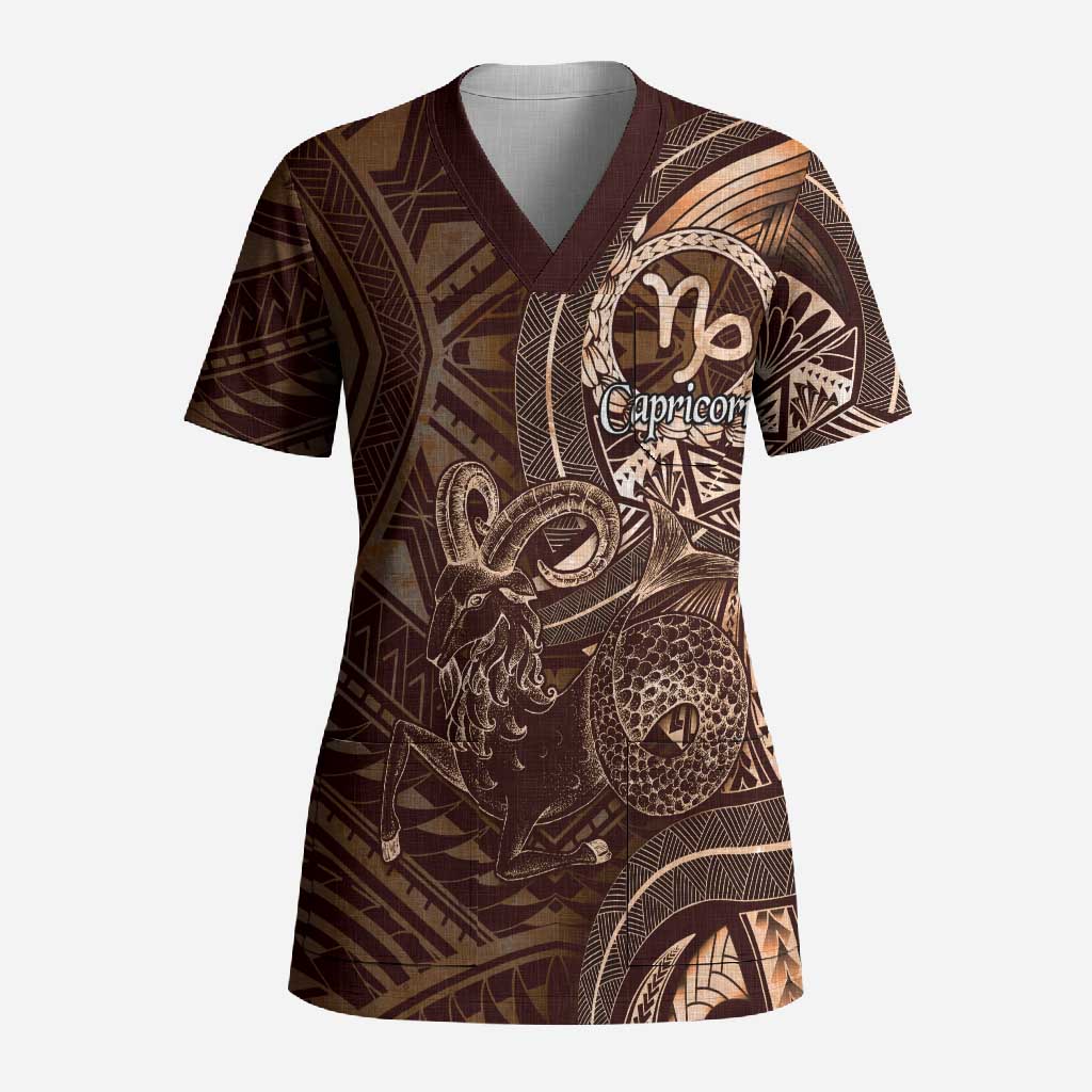 Personalised Polynesia Zodiac Capricorn Scrub Top Galaxy Polynesian Pattern Chest Tattoo Style LT14 Adult Brown - Polynesian Pride