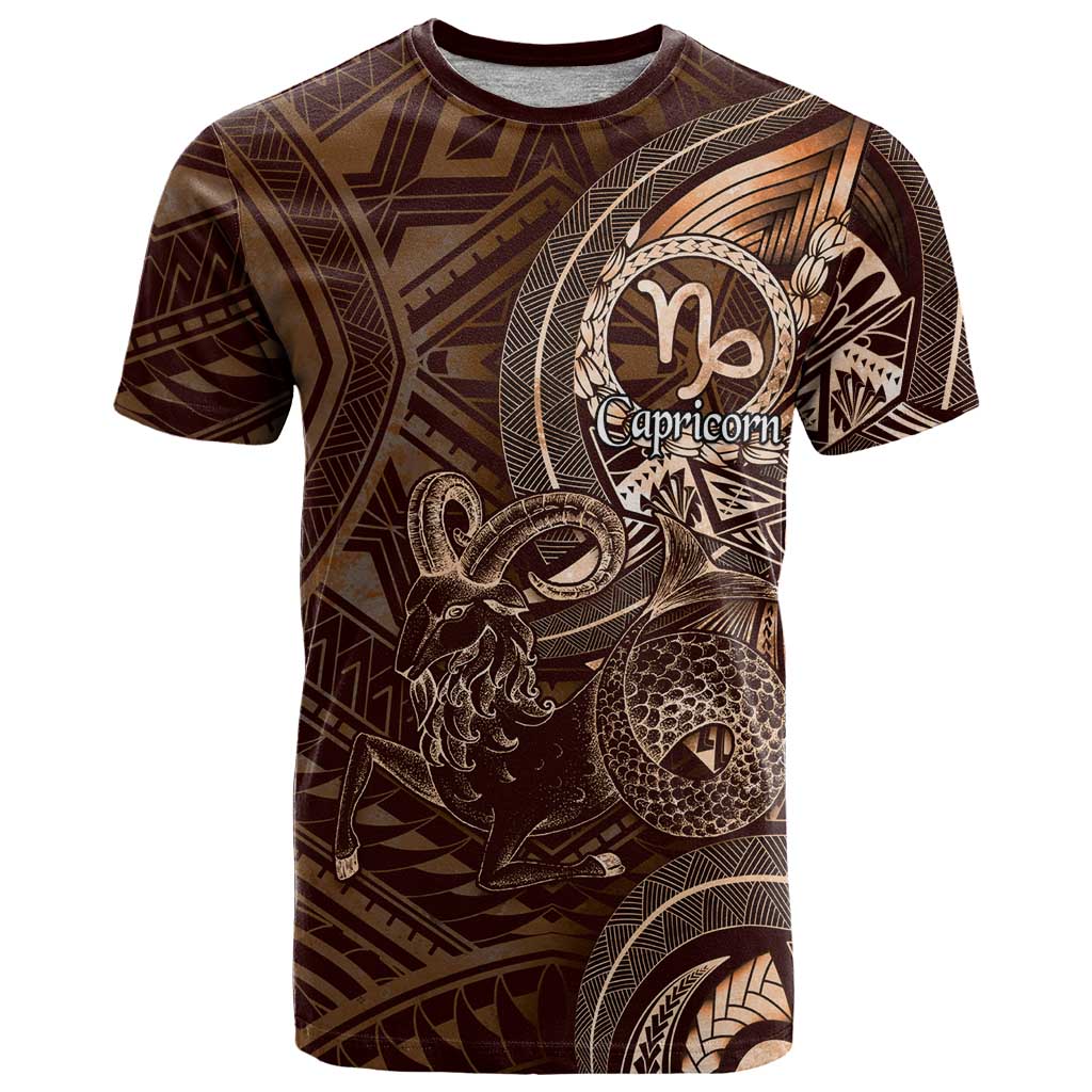 Personalised Polynesia Zodiac Capricorn T Shirt Galaxy Polynesian Pattern Chest Tattoo Style LT14 Brown - Polynesian Pride