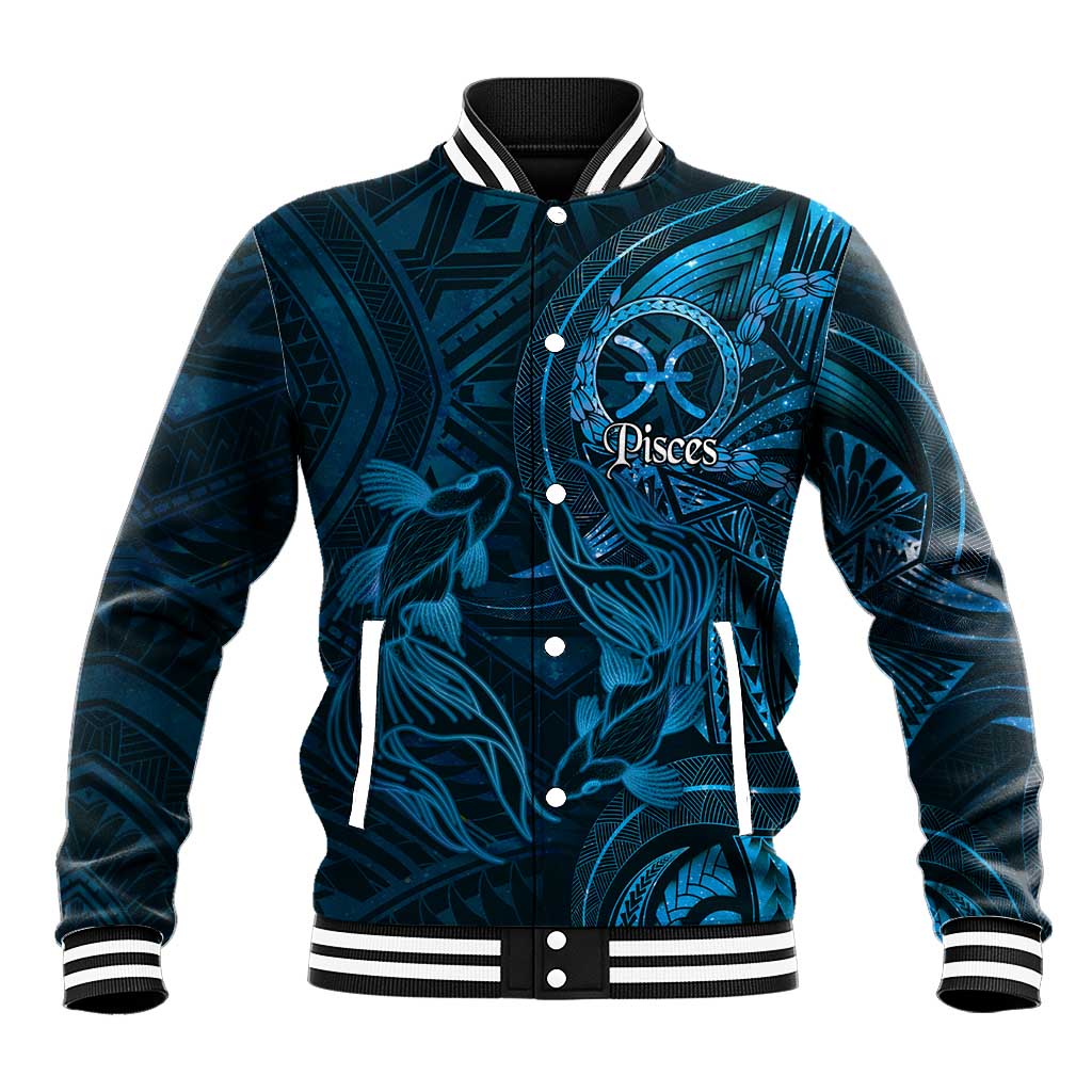 Personalised Polynesia Zodiac Pisces Baseball Jacket Galaxy Polynesian Pattern Chest Tattoo Style LT14 Unisex Blue - Polynesian Pride