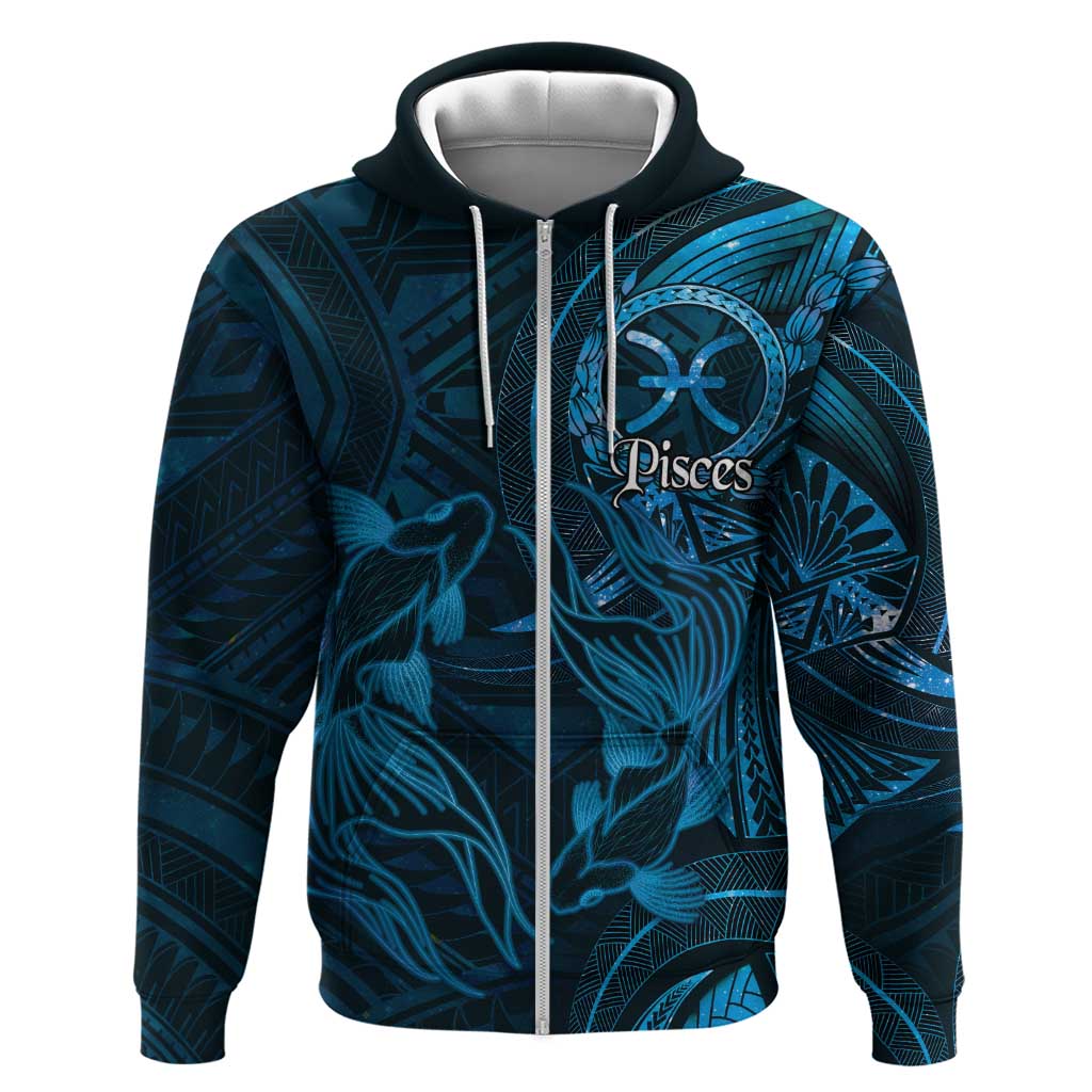 Personalised Polynesia Zodiac Pisces Hoodie Galaxy Polynesian Pattern Chest Tattoo Style LT14 Zip Hoodie Blue - Polynesian Pride