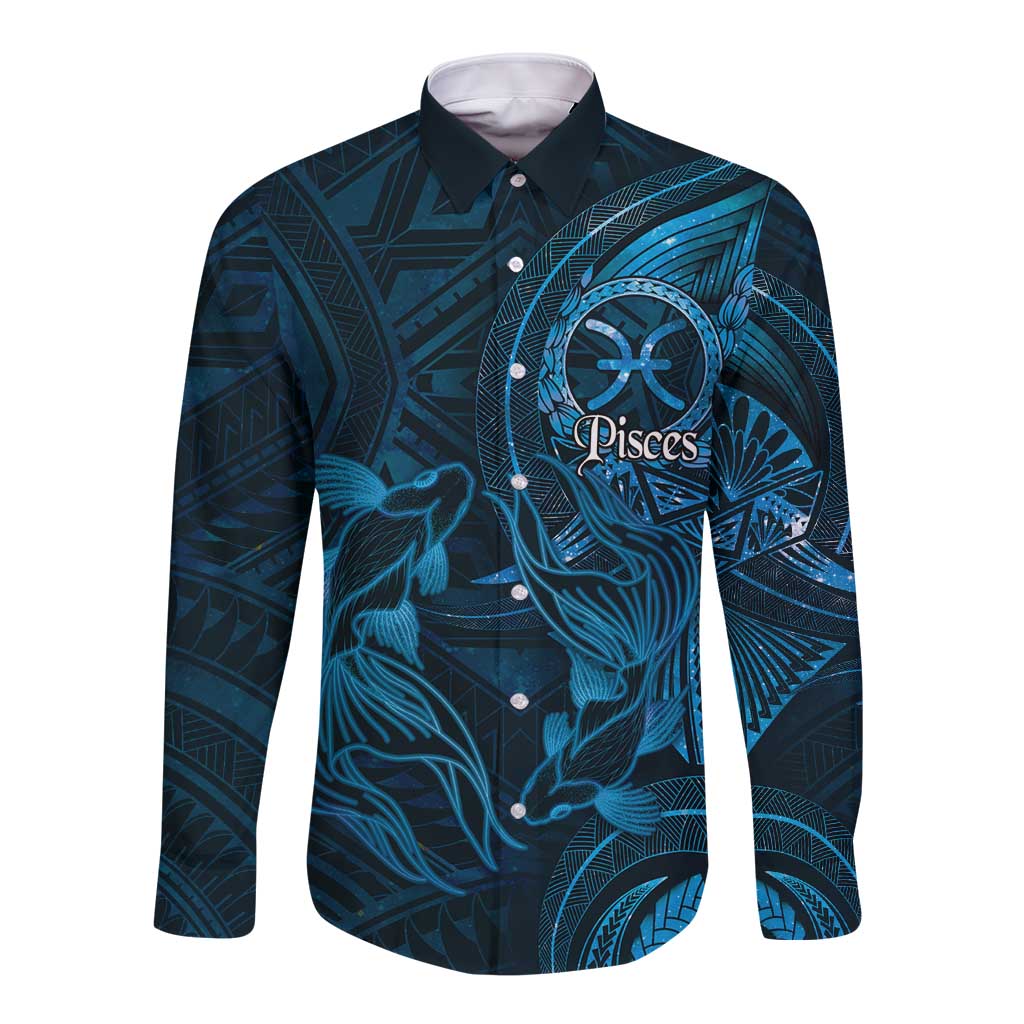 Personalised Polynesia Zodiac Pisces Long Sleeve Button Shirt Galaxy Polynesian Pattern Chest Tattoo Style LT14 Unisex Blue - Polynesian Pride