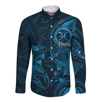 Personalised Polynesia Zodiac Pisces Long Sleeve Button Shirt Galaxy Polynesian Pattern Chest Tattoo Style LT14 Unisex Blue - Polynesian Pride