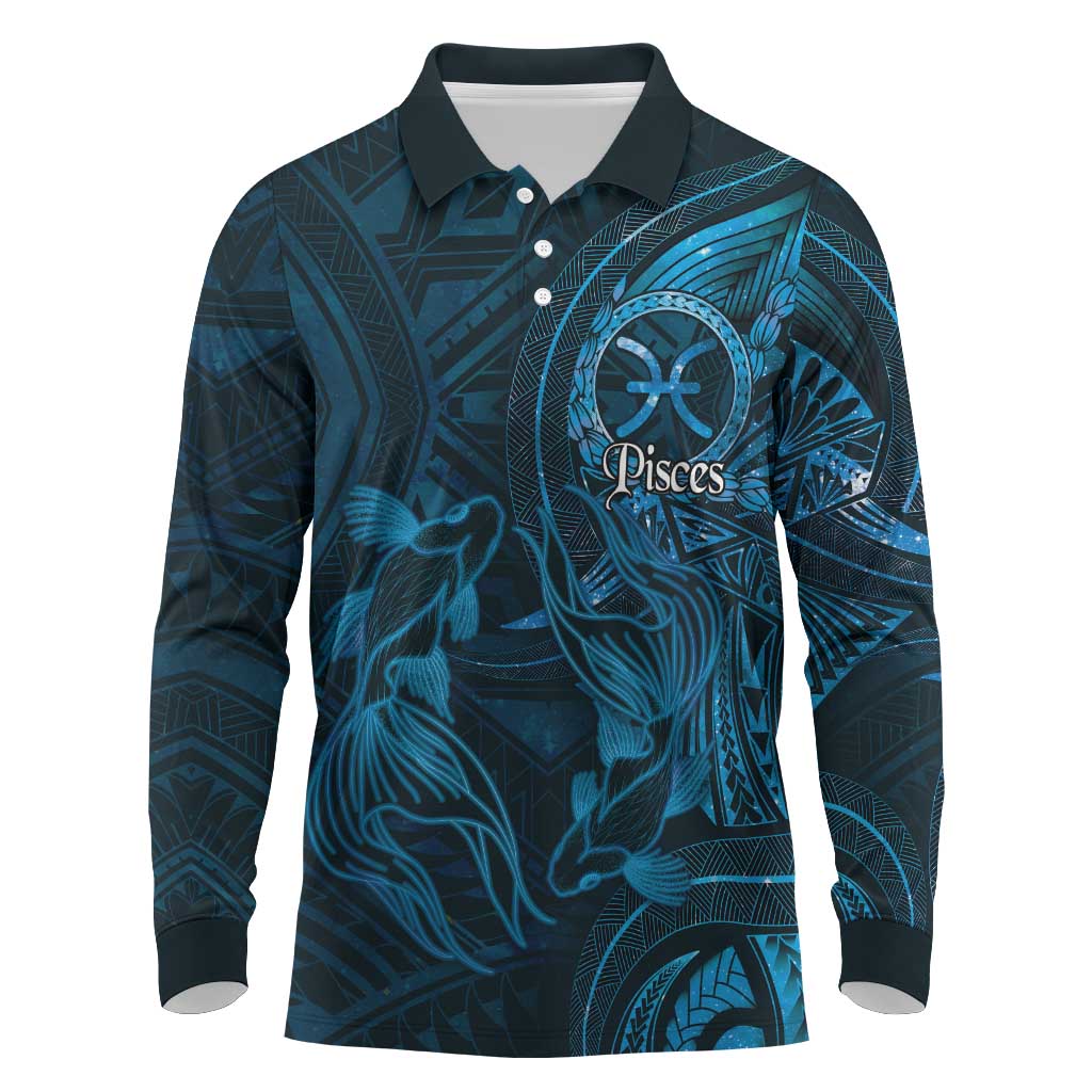 Personalised Polynesia Zodiac Pisces Long Sleeve Polo Shirt Galaxy Polynesian Pattern Chest Tattoo Style LT14 Blue - Polynesian Pride