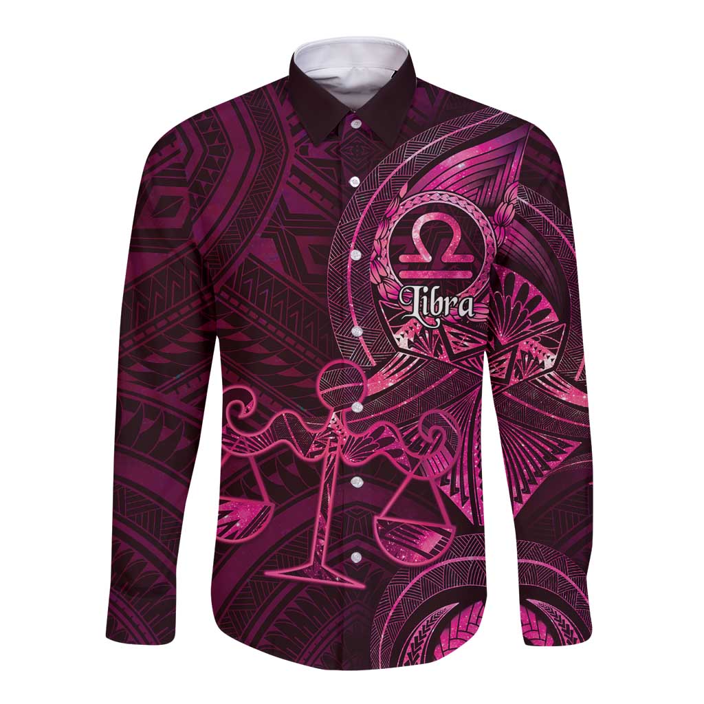 Personalised Polynesia Zodiac Libra Long Sleeve Button Shirt Galaxy Polynesian Pattern Chest Tattoo Style LT14 Unisex Pink - Polynesian Pride