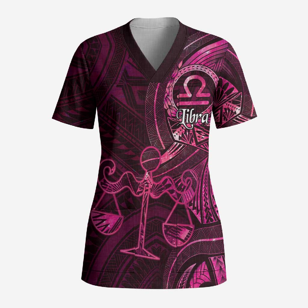 Personalised Polynesia Zodiac Libra Scrub Top Galaxy Polynesian Pattern Chest Tattoo Style LT14 Adult Pink - Polynesian Pride