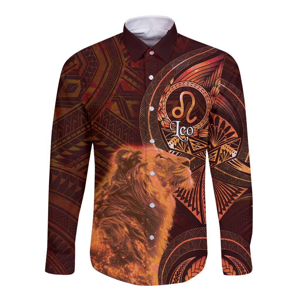 Personalised Polynesia Zodiac Leo Long Sleeve Button Shirt Galaxy Polynesian Pattern Chest Tattoo Style LT14 Unisex Orange - Polynesian Pride