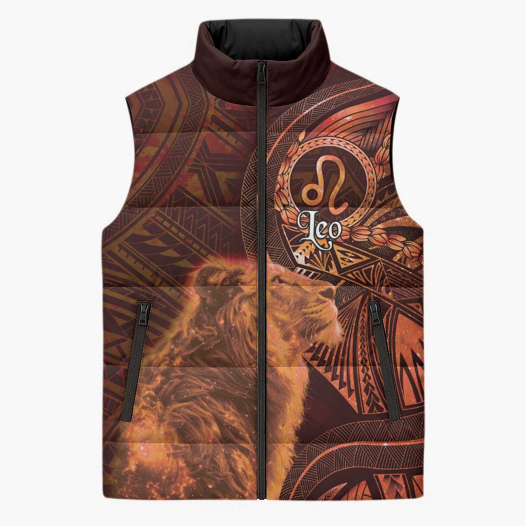 Personalised Polynesia Zodiac Leo Sleeveless Puffer Jacket Galaxy Polynesian Pattern Chest Tattoo Style LT14 Unisex Orange - Polynesian Pride