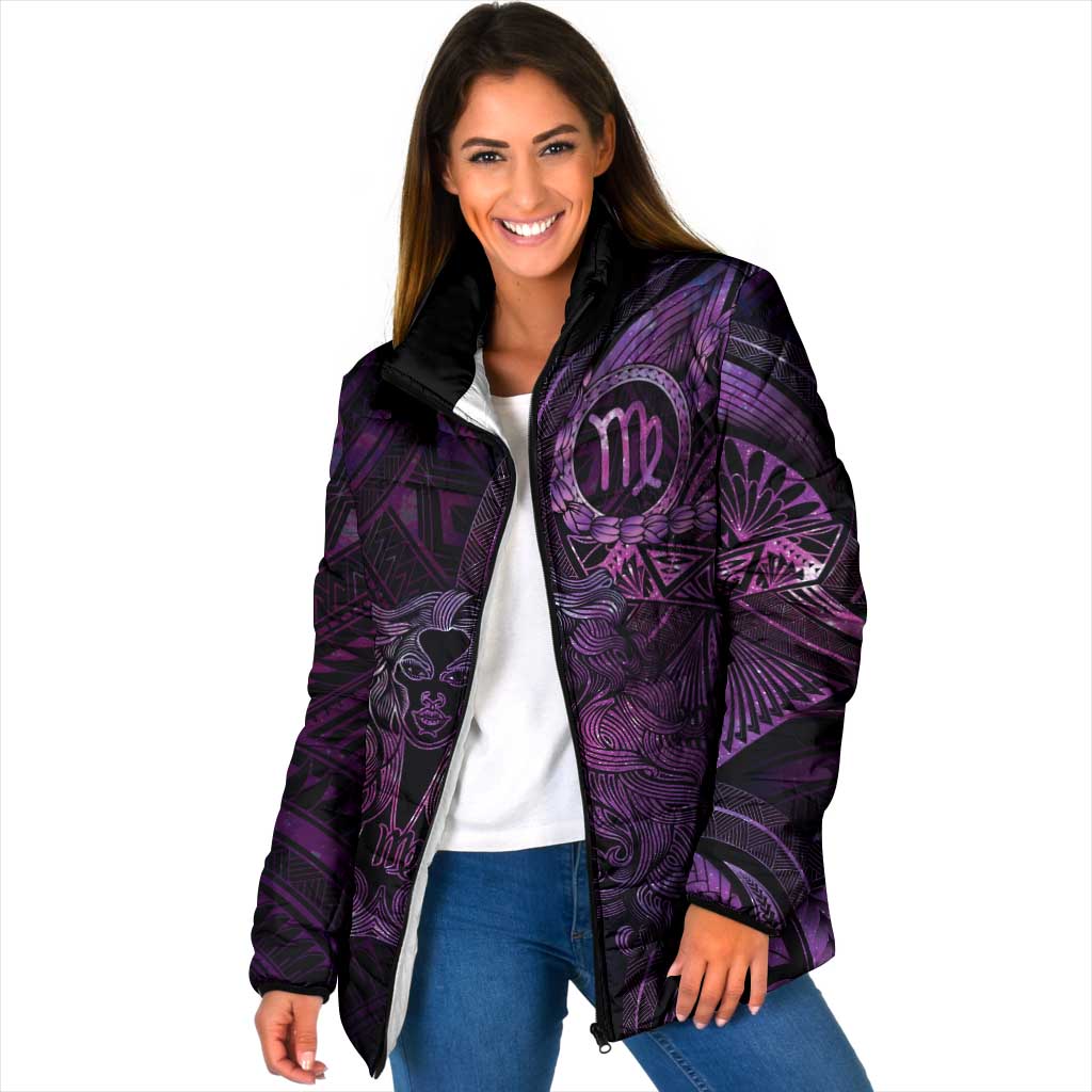 Personalised Polynesia Zodiac Virgo Padded Jacket Galaxy Polynesian Pattern Chest Tattoo Style LT14 Women Purple - Polynesian Pride