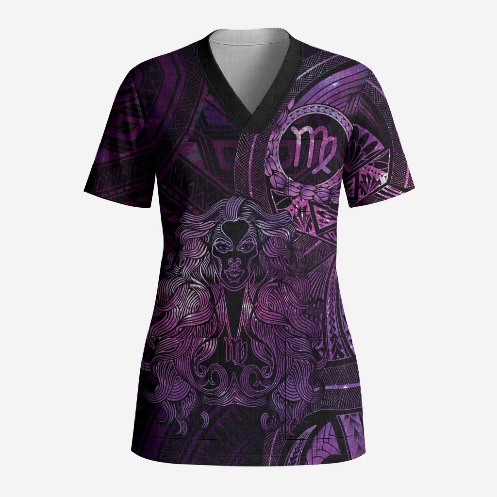 Personalised Polynesia Zodiac Virgo Scrub Top Galaxy Polynesian Pattern Chest Tattoo Style LT14 Adult Purple - Polynesian Pride