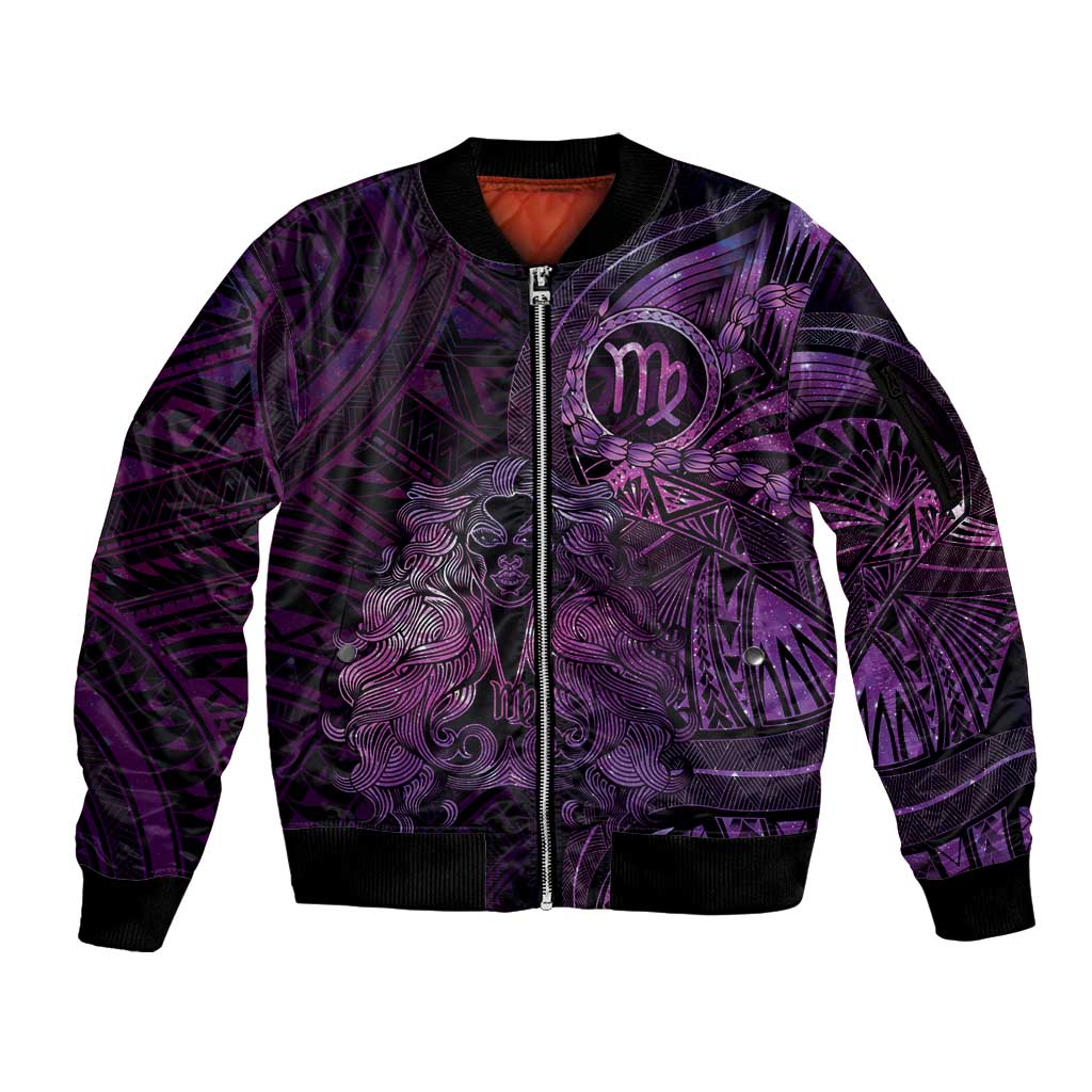 Personalised Polynesia Zodiac Virgo Sleeve Zip Bomber Jacket Galaxy Polynesian Pattern Chest Tattoo Style LT14 Unisex Purple - Polynesian Pride