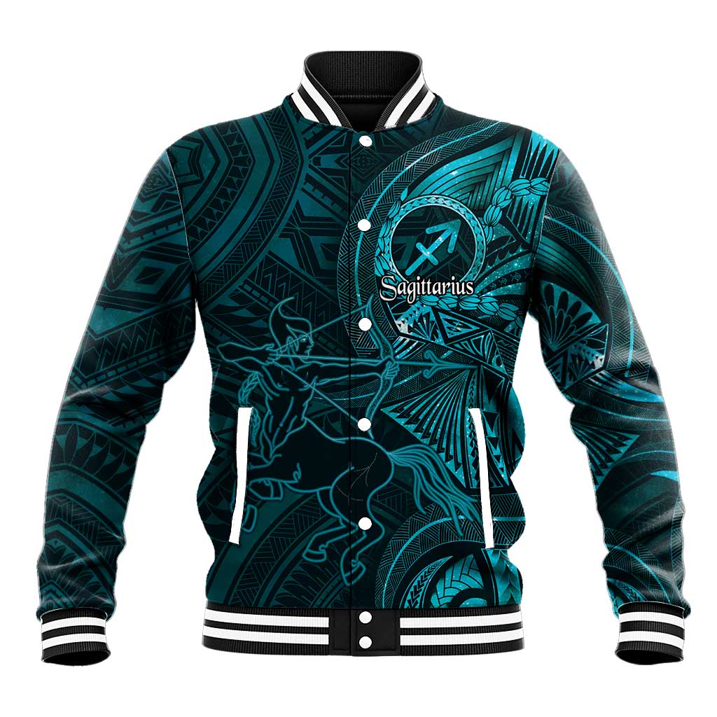Personalised Polynesia Zodiac Sagittarius Baseball Jacket Galaxy Polynesian Pattern Chest Tattoo Style LT14 Unisex Cyan - Polynesian Pride