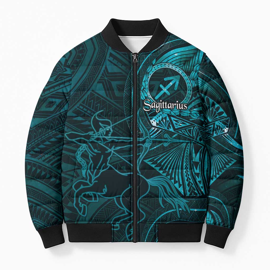 Personalised Polynesia Zodiac Sagittarius Bomber Puffer Jacket Galaxy Polynesian Pattern Chest Tattoo Style LT14 Unisex Cyan - Polynesian Pride