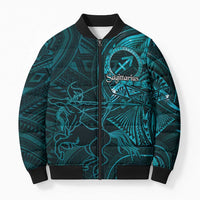 Personalised Polynesia Zodiac Sagittarius Bomber Puffer Jacket Galaxy Polynesian Pattern Chest Tattoo Style LT14 Unisex Cyan - Polynesian Pride