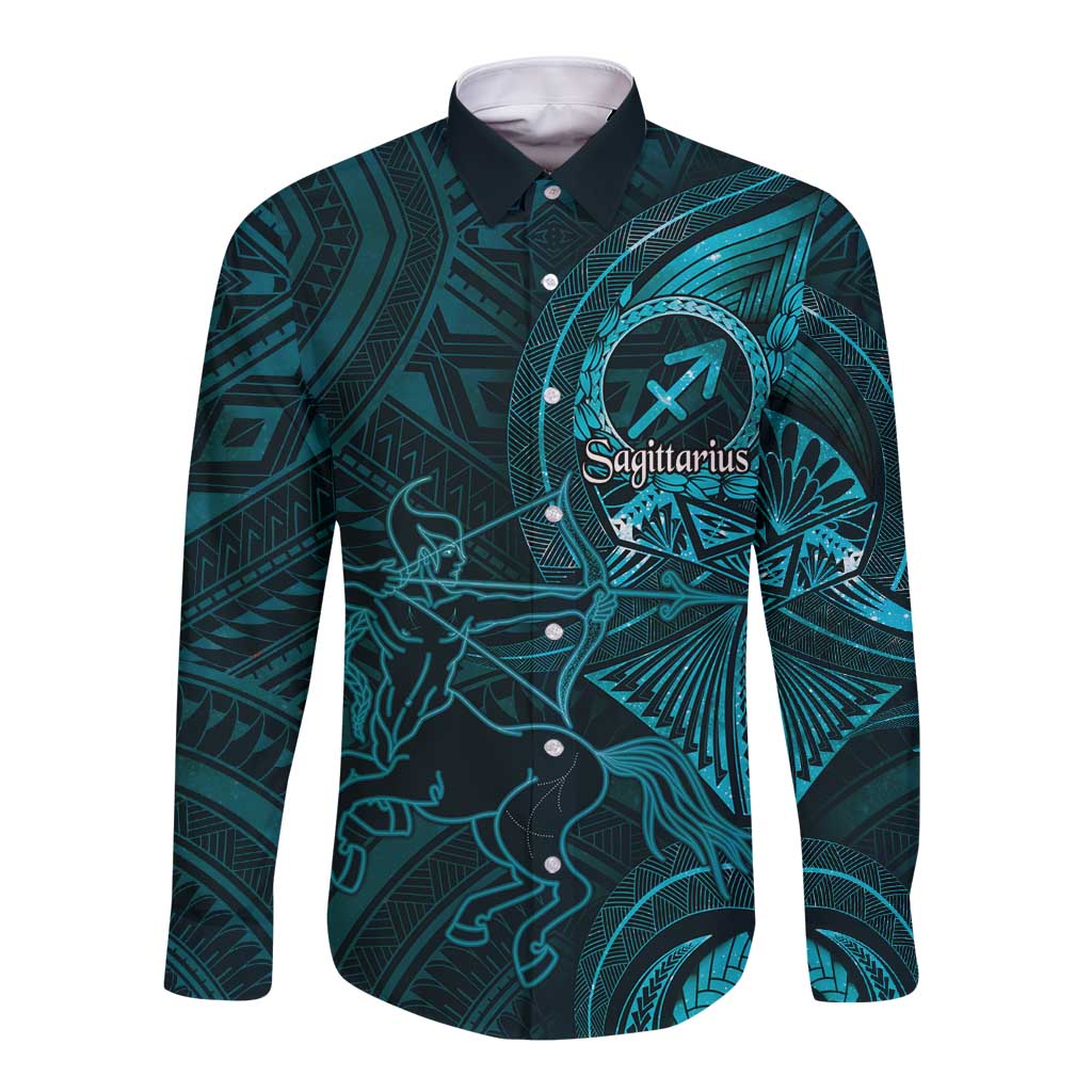 Personalised Polynesia Zodiac Sagittarius Long Sleeve Button Shirt Galaxy Polynesian Pattern Chest Tattoo Style LT14 Unisex Cyan - Polynesian Pride
