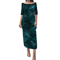 Personalised Polynesia Zodiac Sagittarius Puletasi Galaxy Polynesian Pattern Chest Tattoo Style LT14 Long Dress Cyan - Polynesian Pride