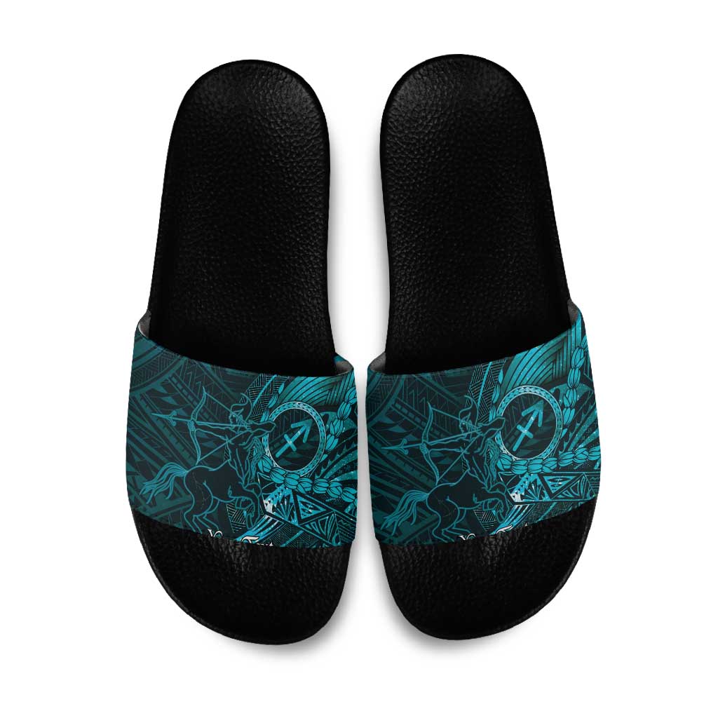 Personalised Polynesia Zodiac Sagittarius Slide Sandals Galaxy Polynesian Pattern Chest Tattoo Style LT14 Cyan - Polynesian Pride