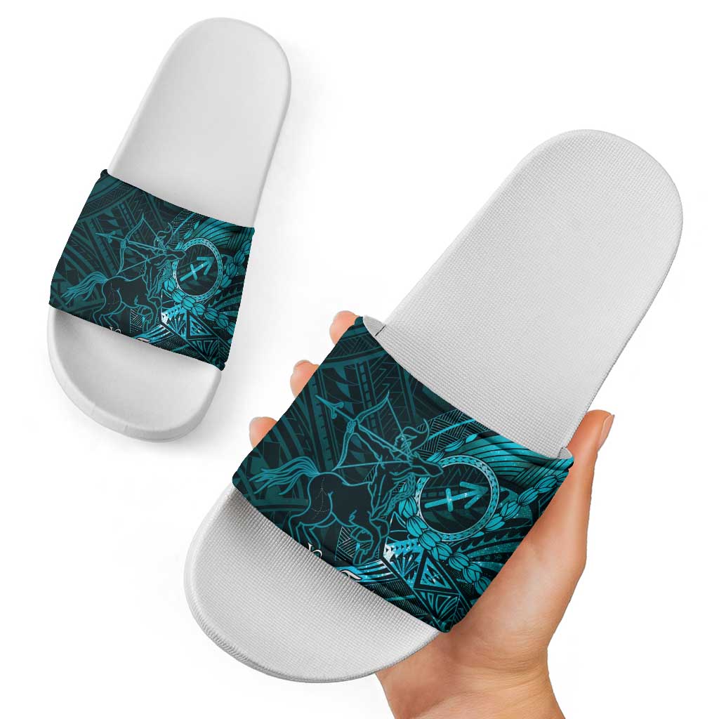 Personalised Polynesia Zodiac Sagittarius Slide Sandals Galaxy Polynesian Pattern Chest Tattoo Style LT14 - Polynesian Pride