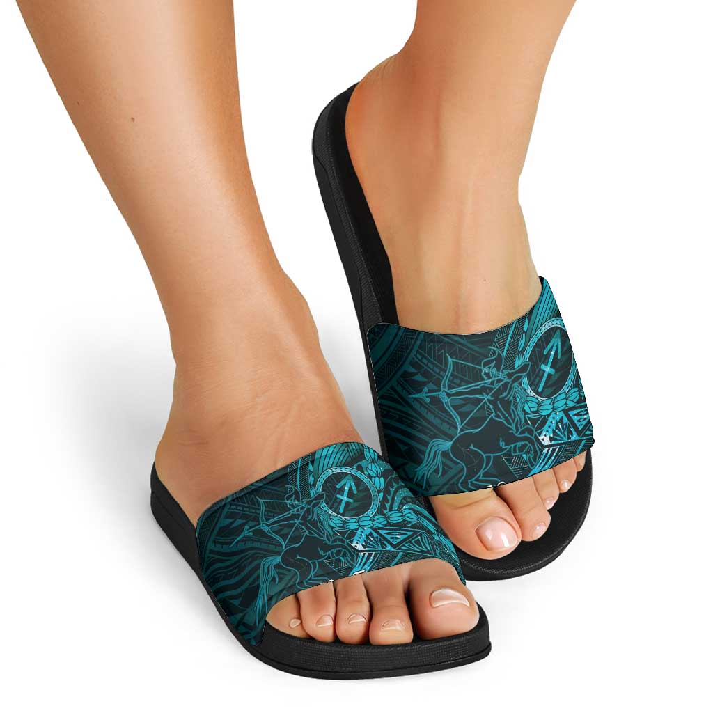 Personalised Polynesia Zodiac Sagittarius Slide Sandals Galaxy Polynesian Pattern Chest Tattoo Style LT14 - Polynesian Pride