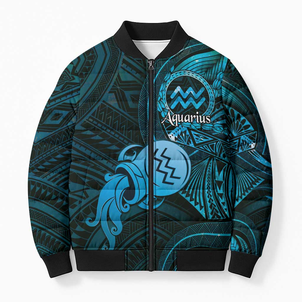 Personalised Polynesia Zodiac Aquarius Bomber Puffer Jacket Galaxy Polynesian Pattern Chest Tattoo Style LT14 Unisex Blue - Polynesian Pride