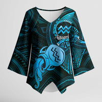 Personalised Polynesia Zodiac Aquarius Kimono Sleeve Blouse Galaxy Polynesian Pattern Chest Tattoo Style LT14 Female Blue - Polynesian Pride