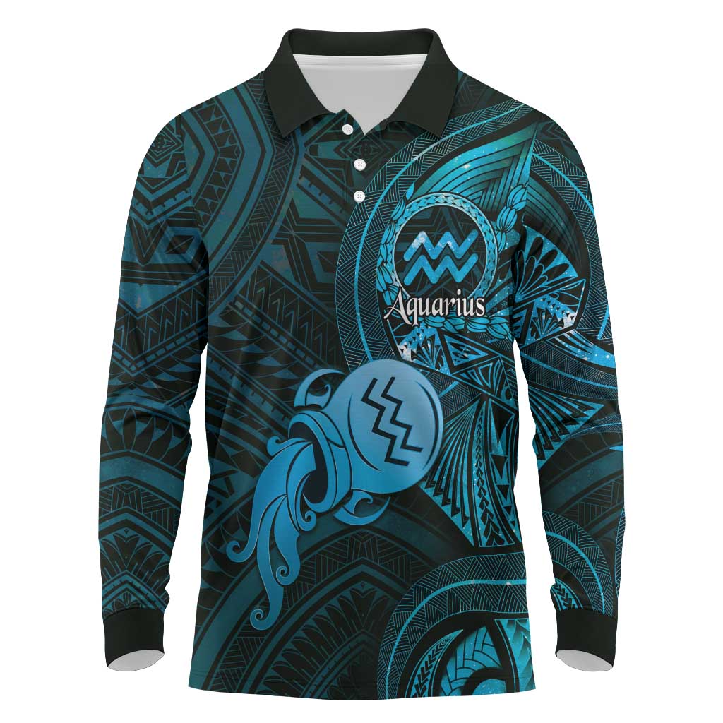 Personalised Polynesia Zodiac Aquarius Long Sleeve Polo Shirt Galaxy Polynesian Pattern Chest Tattoo Style LT14 Blue - Polynesian Pride