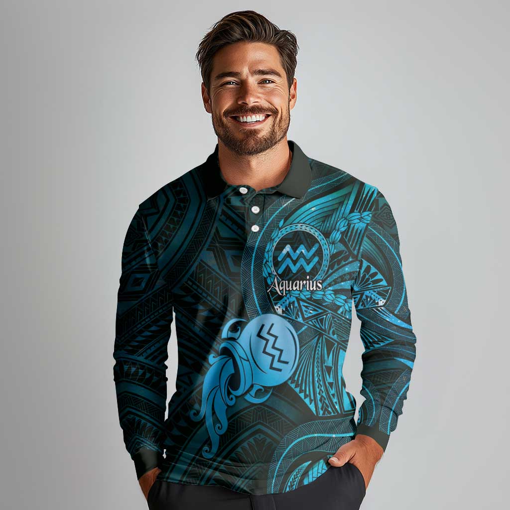 Personalised Polynesia Zodiac Aquarius Long Sleeve Polo Shirt Galaxy Polynesian Pattern Chest Tattoo Style LT14 - Polynesian Pride