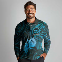 Personalised Polynesia Zodiac Aquarius Long Sleeve Polo Shirt Galaxy Polynesian Pattern Chest Tattoo Style LT14 - Polynesian Pride