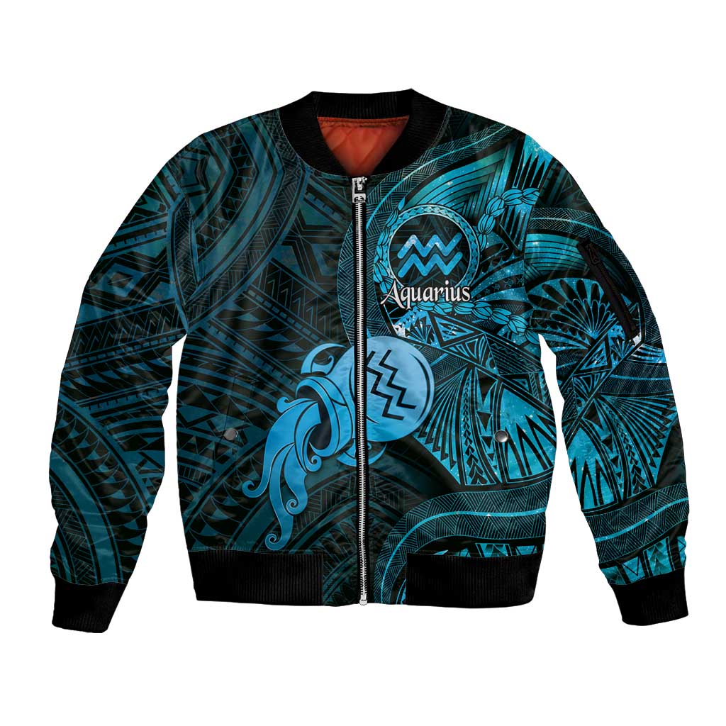 Personalised Polynesia Zodiac Aquarius Sleeve Zip Bomber Jacket Galaxy Polynesian Pattern Chest Tattoo Style LT14 Unisex Blue - Polynesian Pride