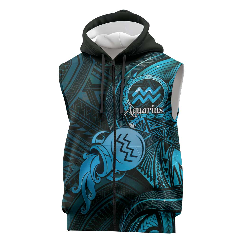 Personalised Polynesia Zodiac Aquarius Sleeveless Zip Hoodie Galaxy Polynesian Pattern Chest Tattoo Style LT14 Blue - Polynesian Pride