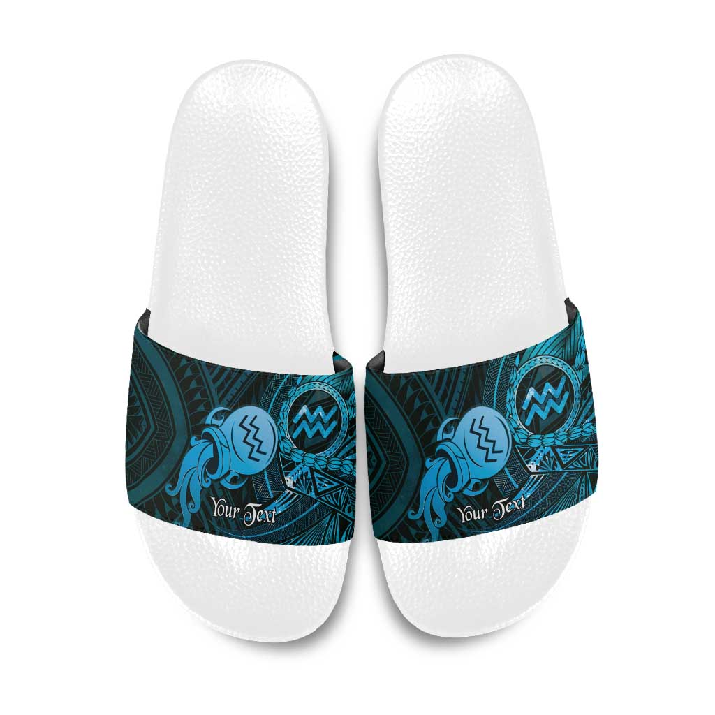 Personalised Polynesia Zodiac Aquarius Slide Sandals Galaxy Polynesian Pattern Chest Tattoo Style LT14 Blue - Polynesian Pride