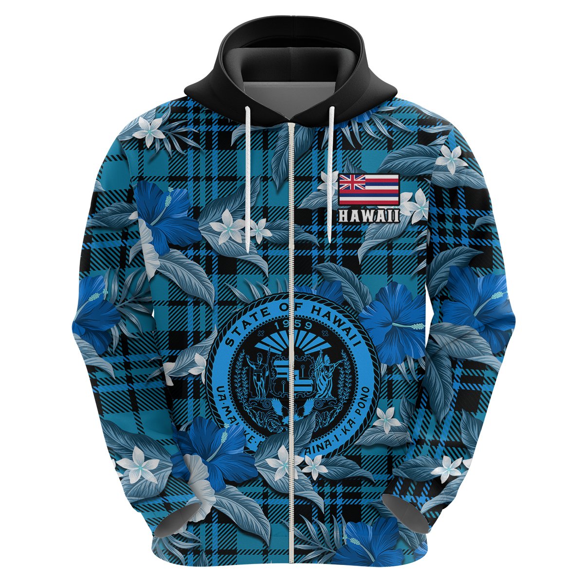 Custom Hawaii State Hoodie Tropical Flowers Mix Tartan Blue Version LT14 - Polynesian Pride