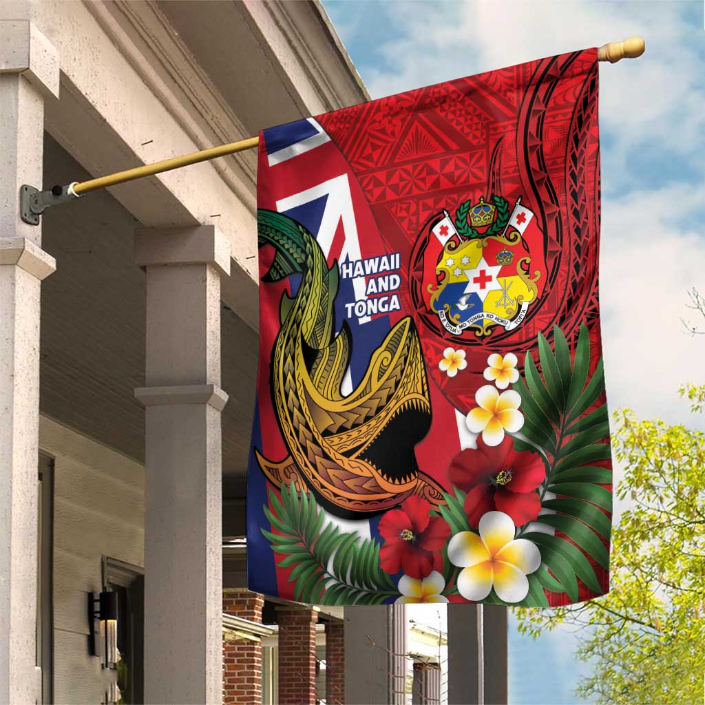 Hawaii And Tonga Garden Flag Shark Tattoo With Tongan Coat Of Arms LT14 House Flag Red - Polynesian Pride