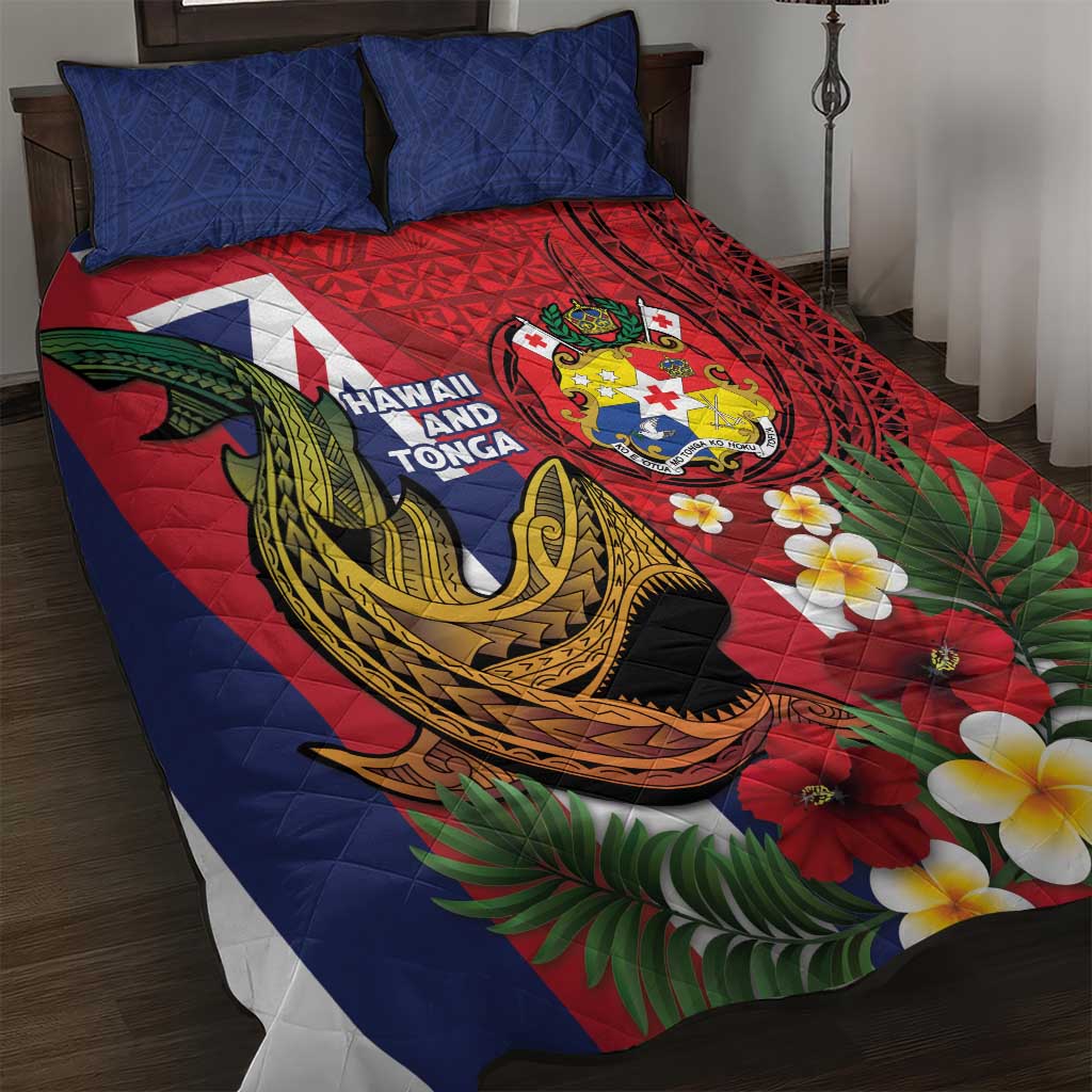 Hawaii And Tonga Quilt Bed Set Shark Tattoo With Tongan Coat Of Arms LT14 Red - Polynesian Pride