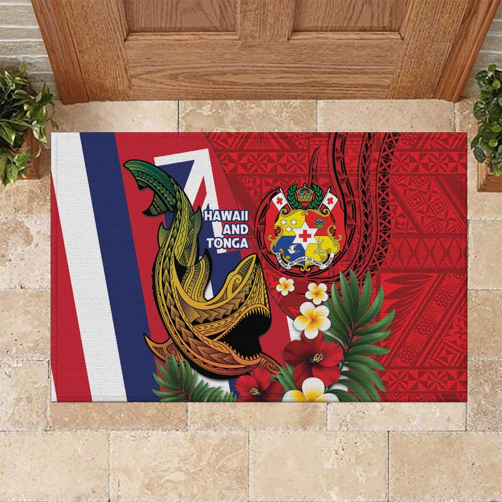 Hawaii And Tonga Rubber Doormat Shark Tattoo With Tongan Coat Of Arms LT14 Red - Polynesian Pride