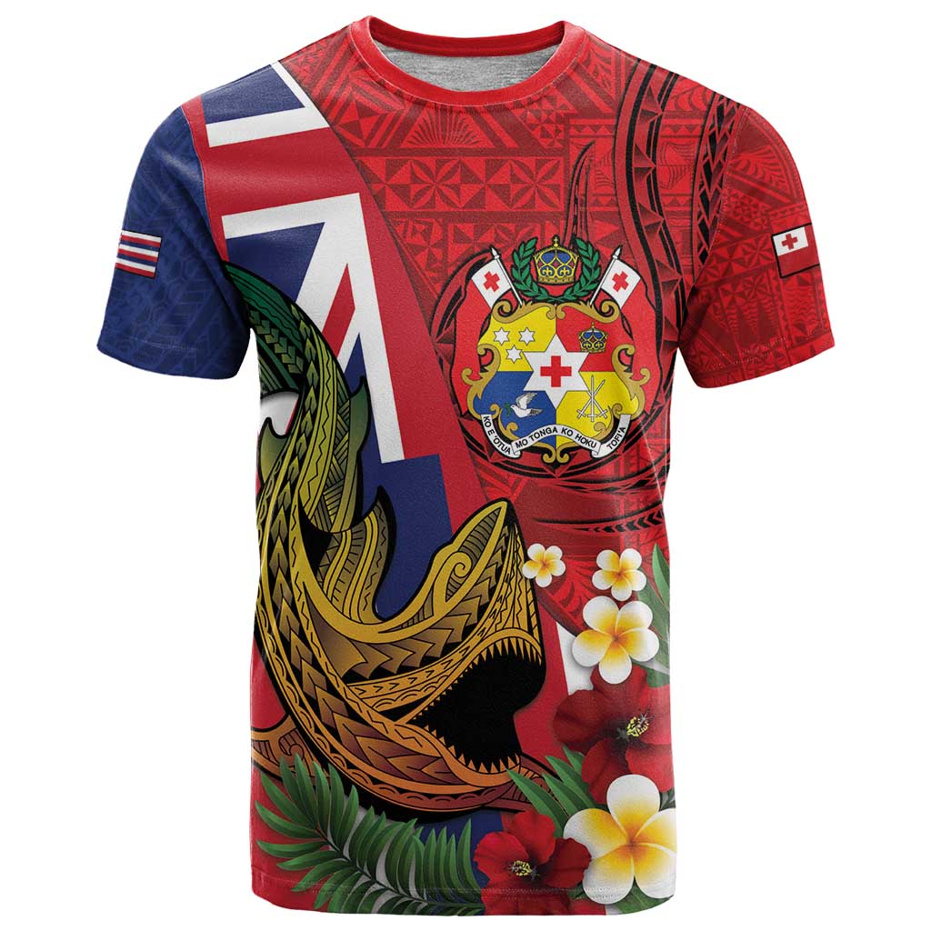 Hawaii And Tonga T Shirt Shark Tattoo With Tongan Coat Of Arms LT14 Red - Polynesian Pride