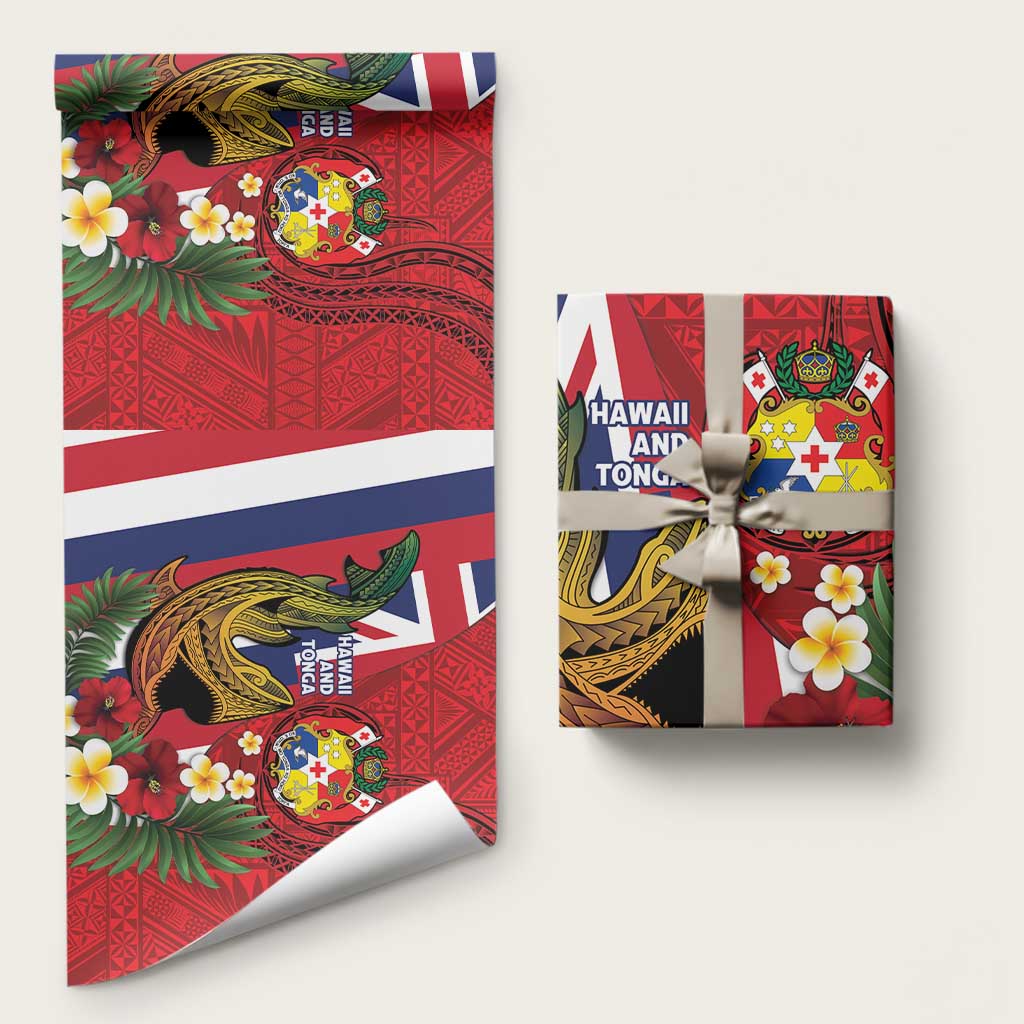 Hawaii And Tonga Wrapping Paper Shark Tattoo With Tongan Coat Of Arms LT14 58" × 23" Red - Polynesian Pride