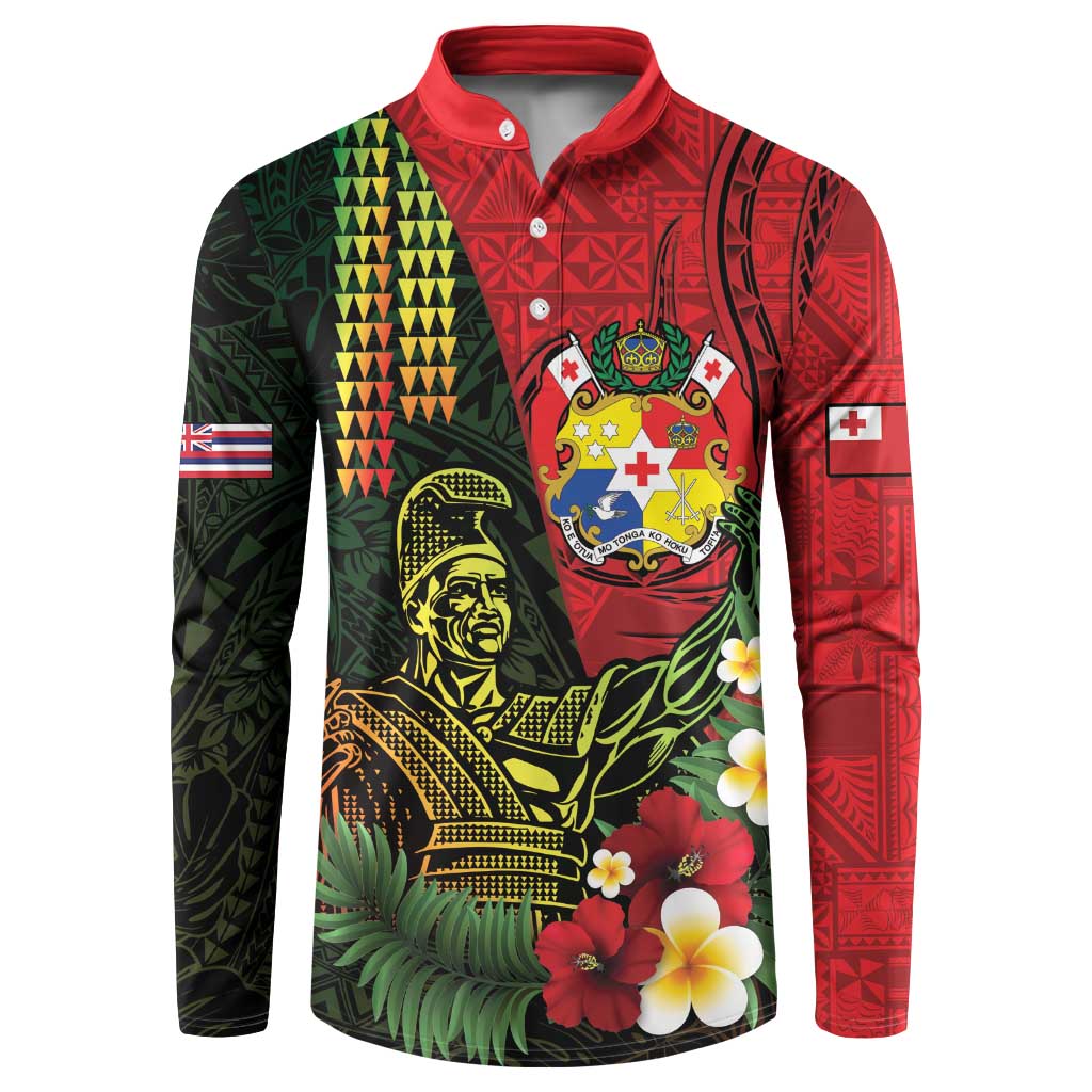 Hawaii And Tonga Button Sweatshirt King Kamehameha Tribal Ngatu Pattern LT14 Red - Polynesian Pride