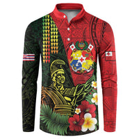 Hawaii And Tonga Button Sweatshirt King Kamehameha Tribal Ngatu Pattern LT14 Red - Polynesian Pride