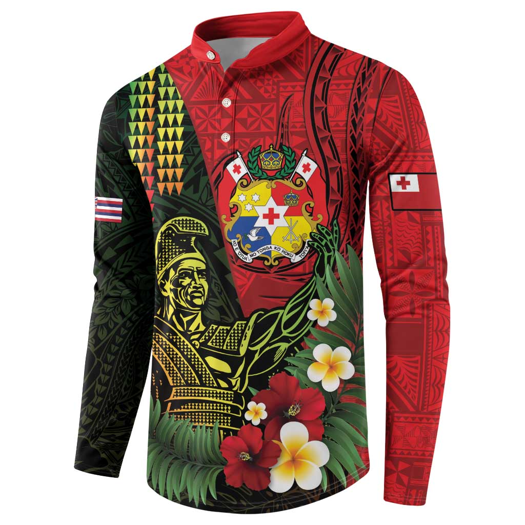 Hawaii And Tonga Button Sweatshirt King Kamehameha Tribal Ngatu Pattern LT14 - Polynesian Pride