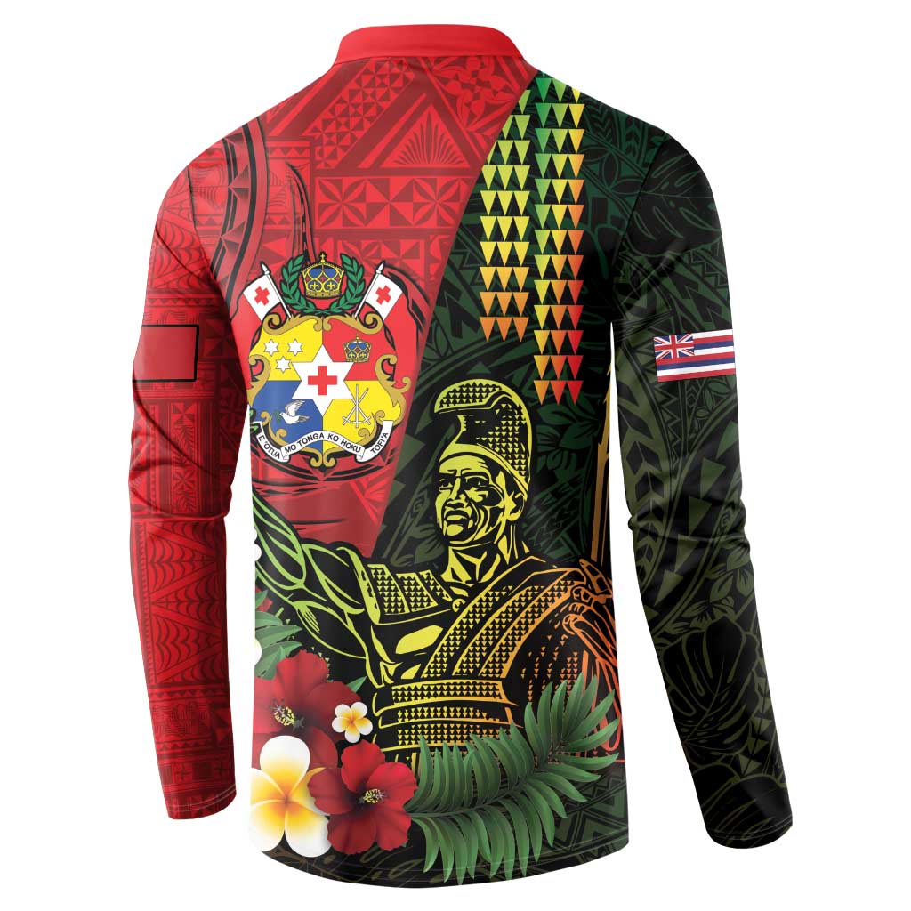 Hawaii And Tonga Button Sweatshirt King Kamehameha Tribal Ngatu Pattern LT14 - Polynesian Pride